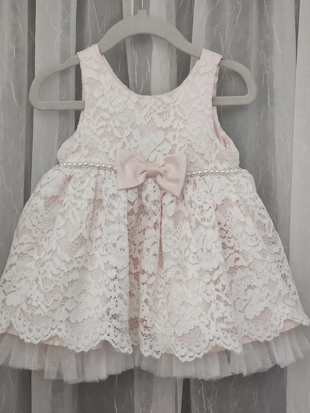 American Princess Pale Pink Lace Pearl-Trim Dress, S-18mons, EPreLC